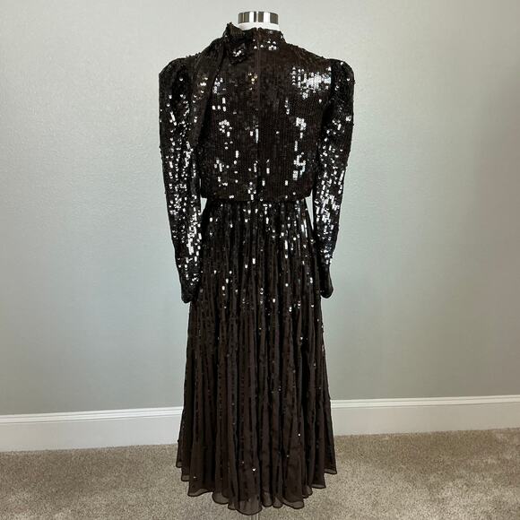 Mac Duggal Sequined Long Sleeve A-Line Midi Cocktail Dress Brown Size 2 - Picture 7 of 12